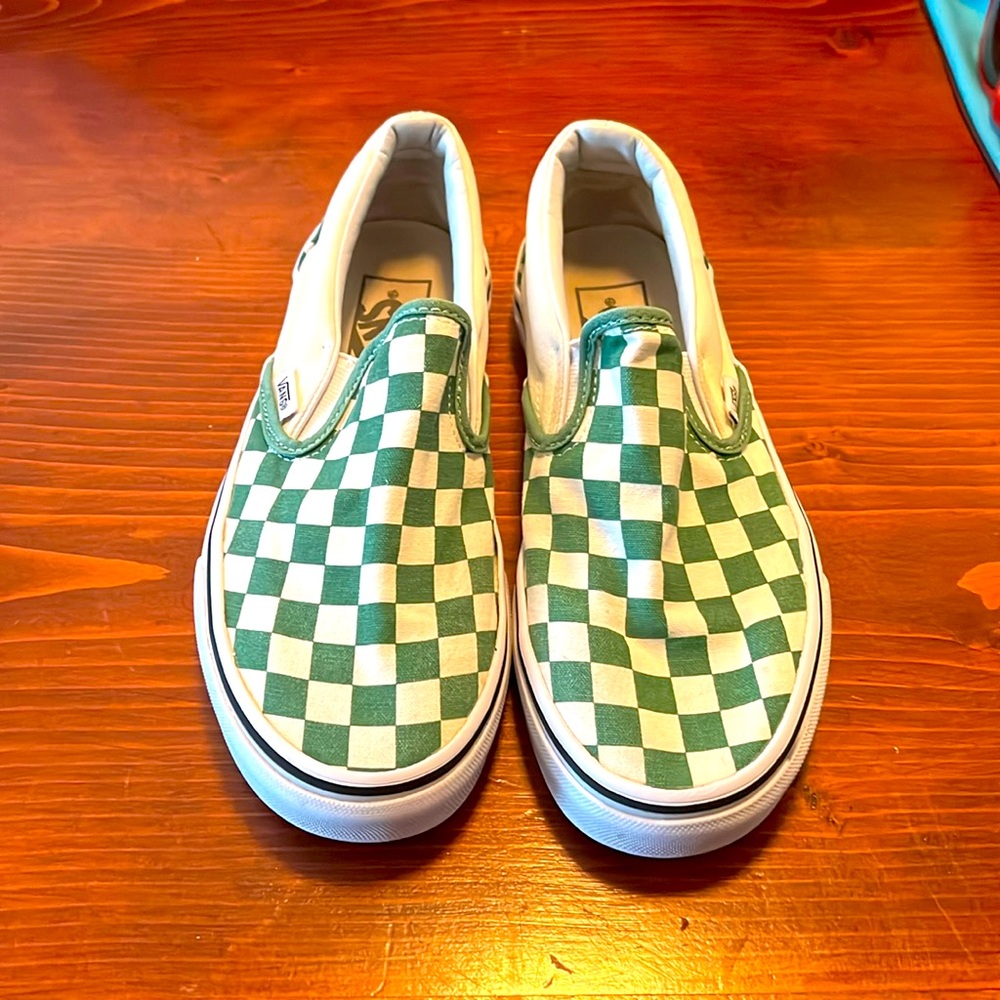Hunter green check slip on vans